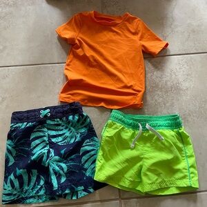 Orange Sun Shirt and Pair of Green Swim Shorts Set